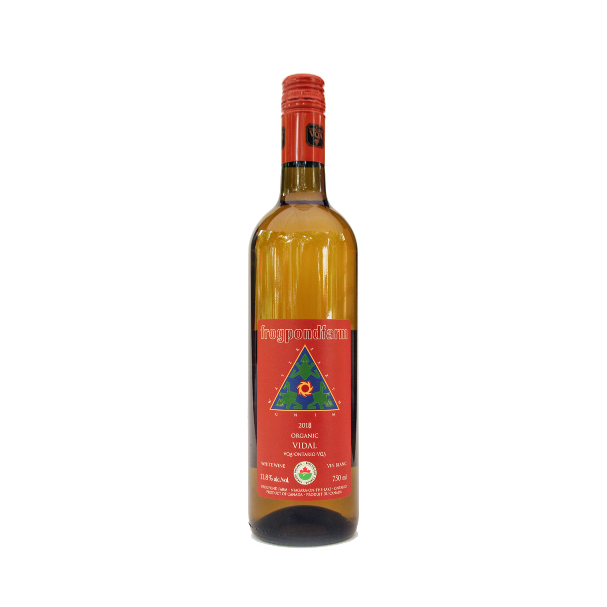 Frogpond Farm | Single bottle of Frogpond Farm certified organic 2018 Vidal wine on a white background.
